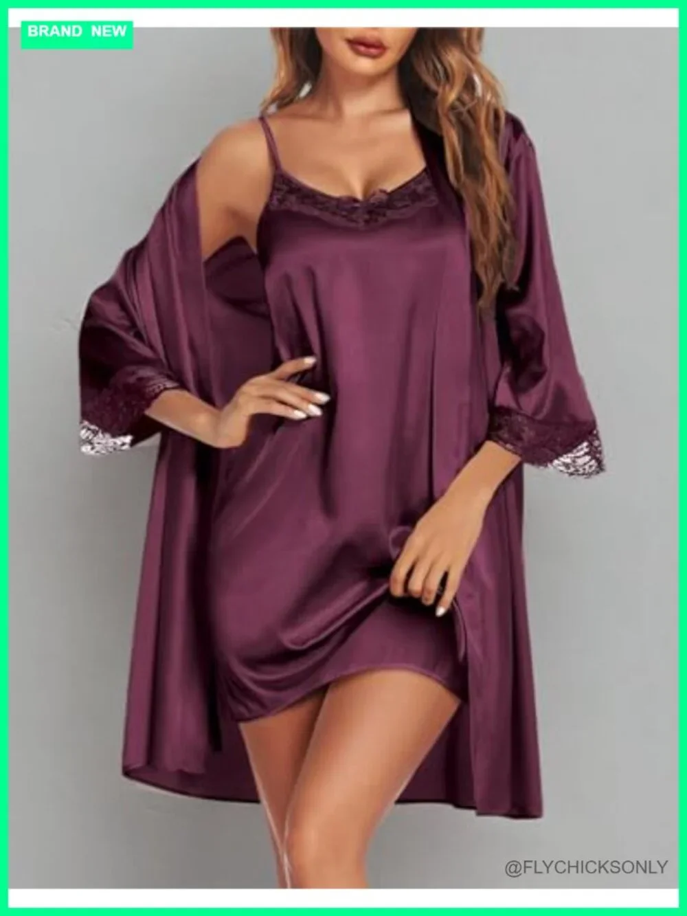Satin Sleepwear Robes Set 2 Piece V-Neck Lace Cami Nightgown